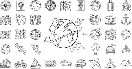Hand Drawn Doodle Travel and Tourism Icons Collection. Vacation, Journey, Destination Line Art Elements with World Map, Compass, Airplane, Car, Ship, Train, Passport, and Luggage.
