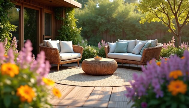 Cozy outdoor living space features wicker furniture and colorful blooms. A wooden deck patio with a coffee table offers a relaxing spot surrounded by rich garden plants. Perfect for serene moments.