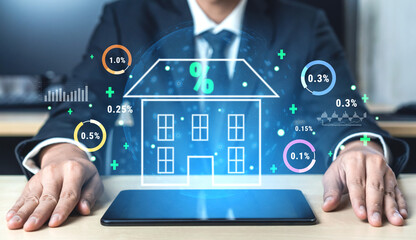 An analysis of real estate mortgage interest rates and the housing market. A concept of property investment, home loans, and finance analytics. Motif