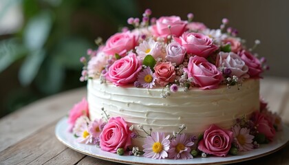White frosted cake adorned with fresh pink roses, daisies, and baby breath. Decorated with edible flowers for a natural, sweet dessert. Perfect for celebrations and special occasions.