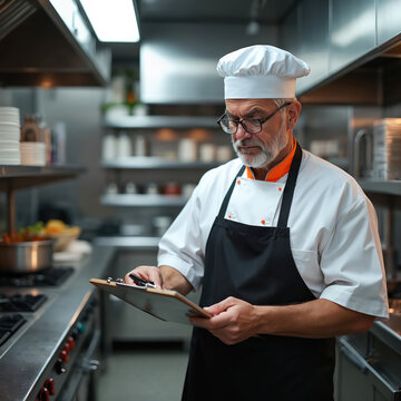 Chef with clipboard checks restaurant kitchen. Man in uniform inspects hygiene and food safety standards. Professional evaluates cooks work, ensures cleanliness, monitors kitchen operations.