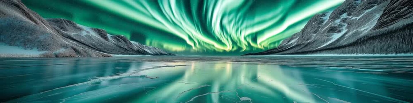 wide panoramic video of aurora borealis with its reflection on water surface 