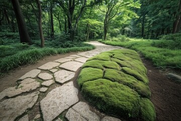 Moss-covered stone path winding through ancient forest