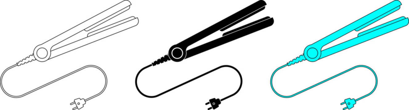outline silhouette hair straightener icon set