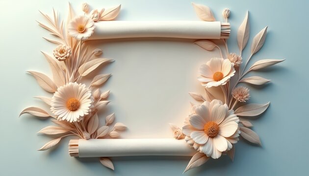 Soft pastel flowers and leaves form a border around blank scroll paper. Delicate floral design suggests spring, summer, or special occasion invitations. Clean background offers copy space.