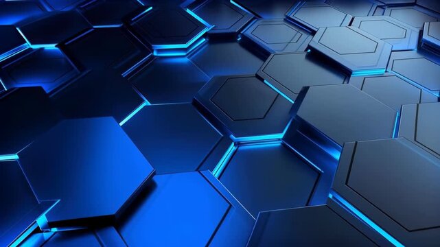 Hexagon Technological Pattern: A mesmerizing, high-tech pattern composed of interconnected, geometric hexagonal tiles, illuminated by a striking blue glow, representing digital advancement. 