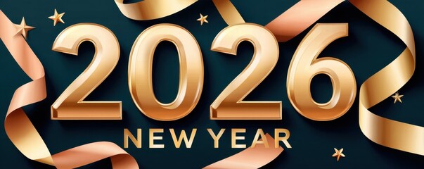 Golden 2026 New Year banner with ribbons and stars for festive celebration
