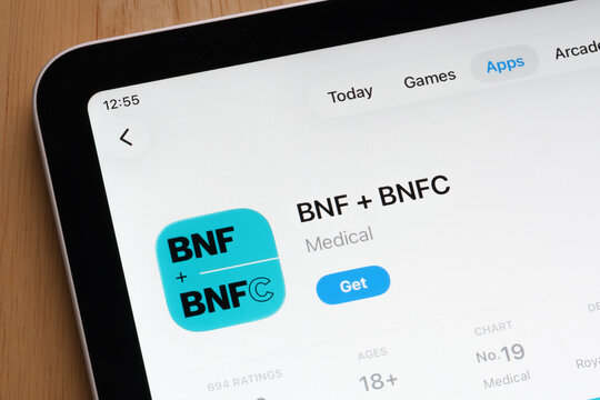 BNF and BNFC medical software listing captured on the iPad App Store interface. Stafford, United Kingdom, December 15, 2025