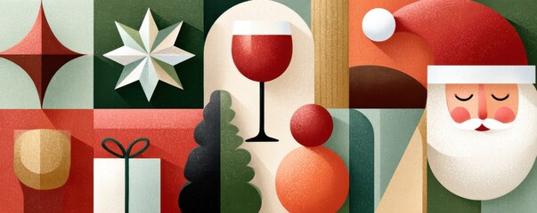 Geometric Christmas symbols collage in green and red with festive elements and Santa