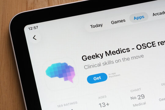Geeky Medics OSCE Revision mobile medical application showcased on the App Store interface. Stafford, United Kingdom, December 15, 2025