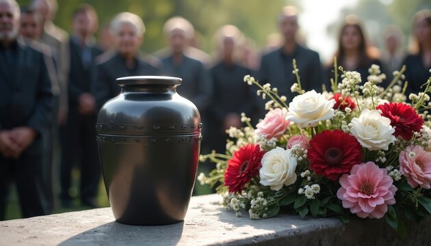 Funeral urn with cremains and flowers. Mourners stand in blurred background at memorial service, last farewell to deceased person. Grief and sadness at burial.