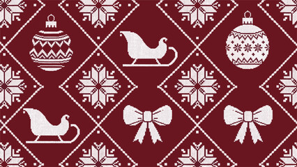 Cozy Winter Holiday Seamless Pattern with Knitted Festive Motifs and Seasonal Elements on a Rich Red Background