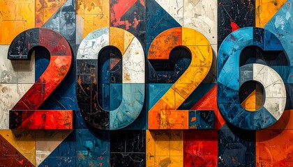 Fototapeta premium Abstract art depicting numbers in 2026, vibrant and modern design perfect for web graphics, background designs, or digital marketing materials
