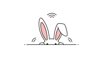 Minimalist line art illustration of a cute white Easter bunny with pink ears peeking over a line on a plain white background.
