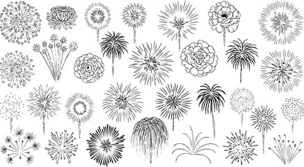 Hand-drawn black and white line art vector illustrations of various fireworks, including abstract, floral, and traditional burst designs for celebrations.