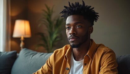 Young black man sits on couch, looking thoughtfully to side. Casual indoor setting with lamp and plant, suggests relaxed lifestyle or contemplation. He wears an open collar shirt over a white tee.
