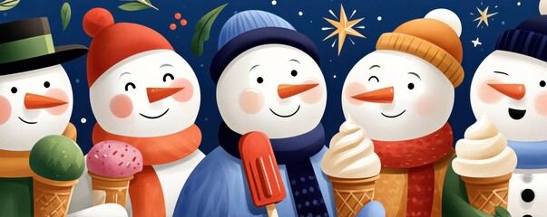 Cheerful snowmen share colorful ice cream cones in a festive winter scene with holiday joy
