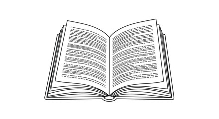 Obraz premium A detailed black and white line art illustration of an open book with text on its pages, representing reading and knowledge.