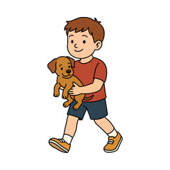 Happy Little Boy Walking While Holding Cute Puppy Dog Cartoon Illustration for Kids, Pets, Childhood, Family and Friendly Story Design