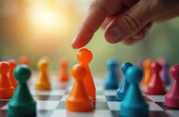 A finger chooses an orange pawn from a group of colorful pieces on a chessboard. Decision making concept, leadership strategy, and selection process are visually represented.