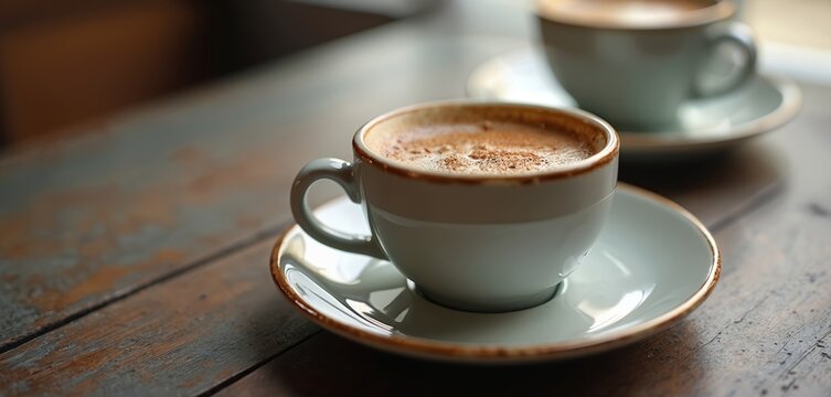 Two cups of coffee sit on saucers on rustic wooden table. One cup is in sharp focus, showing frothy latte art and cinnamon dusting. Other cup is blurred in background, suggesting shared moment. - Powered by Adobe