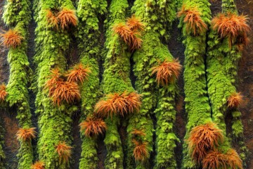 Detailed texture of lush forest moss with vibrant green and golden hues