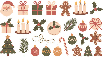 Christmas Holiday Vector Icons Set Santa Gifts Candles and Festive Elements