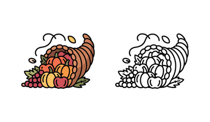 Colorful and monochrome cornucopia with fruits and vegetables illustration
