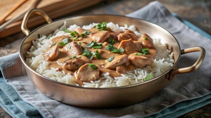 Savoring a rich and creamy chicken strogonoff in a golden pan, served atop a bed of fluffy white rice