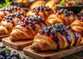 Bakery delights with golden, flaky croissants topped with a sweet and tangy blueberry compote