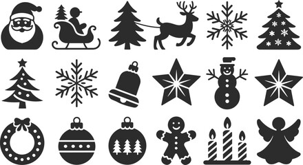 Christmas Holiday Black Vector Icons Set Santa Reindeer Tree and Winter Symbols