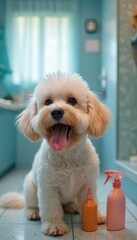 Fluffy white dog sits patiently. Two bottles of pet shampoo or conditioner nearby. Ready for bath time. Dog grooming supplies are essential for pet health and hygiene.