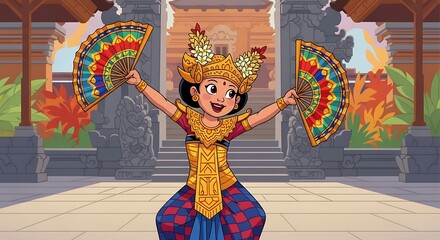 Traditional Balinese Dancer Performing with Fans in Temple Courtyard.
