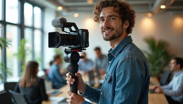 Man films interview with pro camera setup on gimbal. People in modern office discuss project, record video content. Teamwork, startup, business, media production.