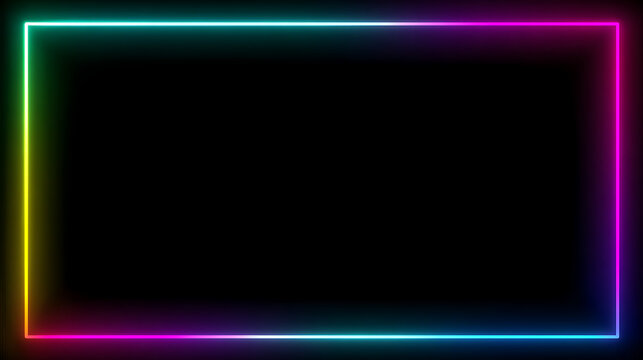 Cyberpunk style rectangular neon frame border with a glowing gradient of green, pink, and blue light isolated on a pure black background for futuristic technology and gaming designs.