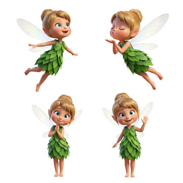 a cute young caucasian fairy girl in a leaf dress and iridescent wings, displayed in four poses against a white studio background with copy space, showcasing joy and playfulness
