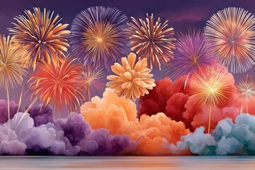 Vibrant fireworks display over colorful smoke clouds in a purple and gold night sky