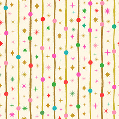 Naklejka premium Dots, sparkles and stars on cream colored background, Cute striped birthday or Christmas vector seamless pattern for packaging and wrapping paper