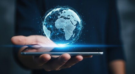 Person holding smartphone with glowing blue earth on screen