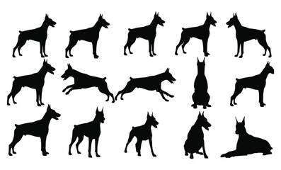 A comprehensive collection of Doberman Pinscher dog silhouettes in various poses and actions
