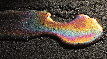 Fototapeta premium Abstract environmental pollution texture showing an oil spill on black asphalt, creating a rainbow iridescent slick pattern that highlights industrial contamination and ecology issues.