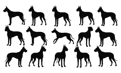 A collection of great dane dog breed silhouettes in various postures and poses on a white background.