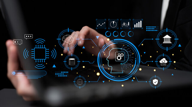 An advanced AI system for business and financial analysis. A futuristic interface for commanding an AI to process data from various domains. Motif - Powered by Adobe
