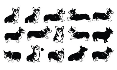 A delightful collection of playful Pembroke Welsh corgi silhouettes in different poses