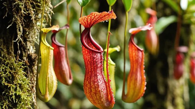 Close-up of carnivorous pitcher plants growing on a mossy tree trunk in a lush, tropical environment with vibrant green and red hues.