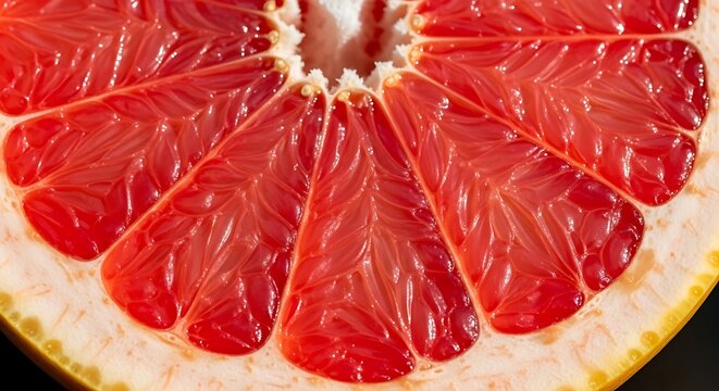 Succulent Slice: A close-up view of a vibrant, juicy grapefruit slice reveals its captivating texture and enticing color. - Powered by Adobe
