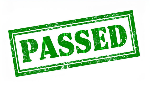 Green PASSED stamp on white background, approval symbol, bold and clear design, isolated