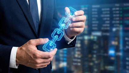 Businessman holding glowing digital blockchain link chain symbolizing secure financial network and data connection technology and finance context