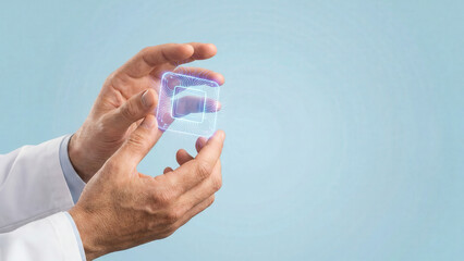 Doctor hands holding glowing microchip hologram suggesting innovative medical device and futuristic technology