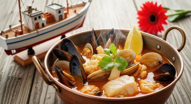 Fresh Chilean Paila Marina Seafood Soup in Traditional Copper Bowl with Negative Space